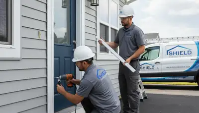 Technician repairing warped exterior door and vinyl siding in Las Vegas, NV home