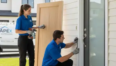 Technician repairing warped vinyl door siding in Las Vegas, NV for Next Level Exteriors