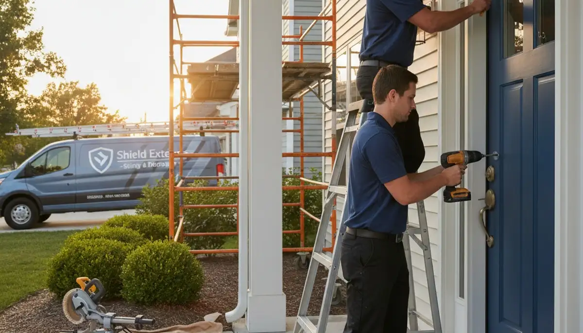 Technician repairing vinyl door siding in Las Vegas NV home exterior by Next Level Exteriors