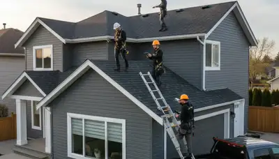 Technician performing roof inspection on vinyl siding home in Las Vegas, NV