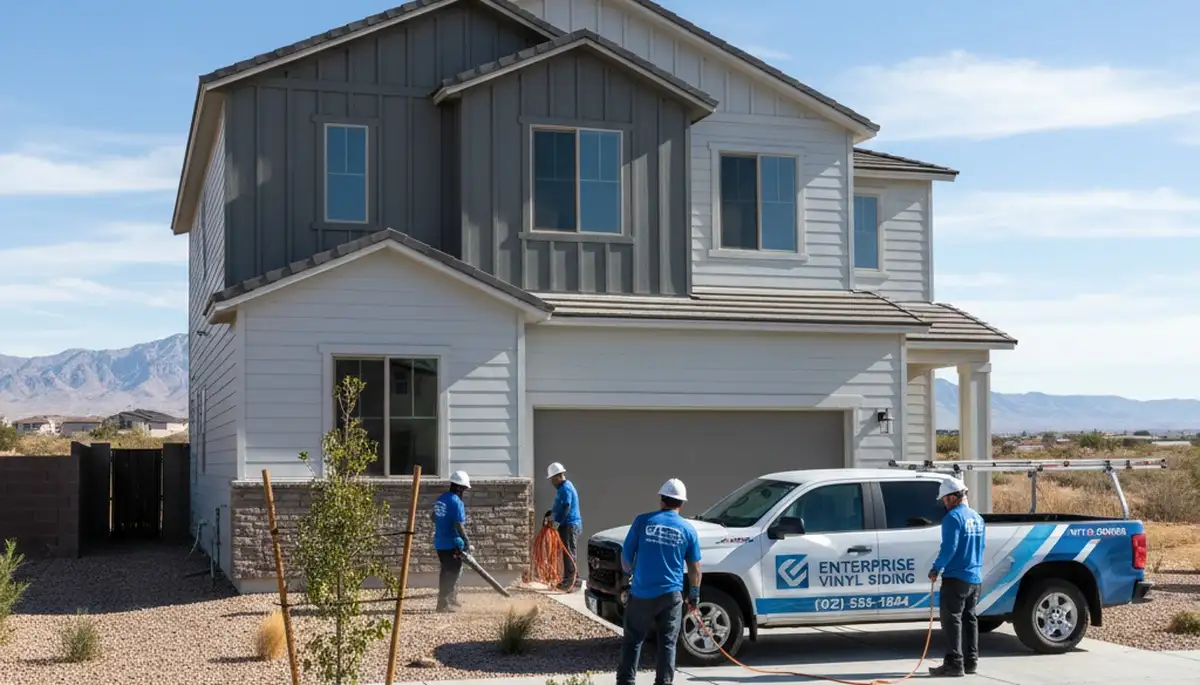 Vinyl siding installation on a home exterior in Las Vegas, NV by local siding contractors