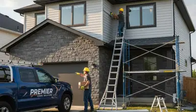 Technician repairing vinyl siding on Las Vegas NV home exterior damaged by sun and heat