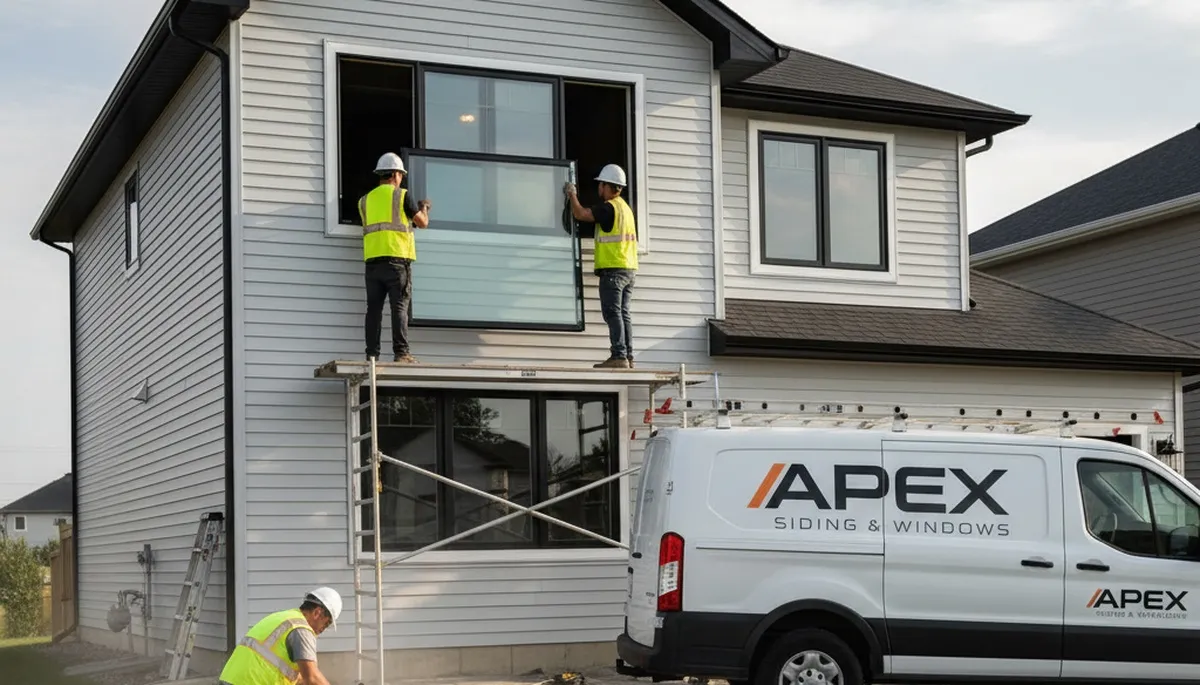 Technician repairing window frame beside vinyl siding home in Las Vegas, NV